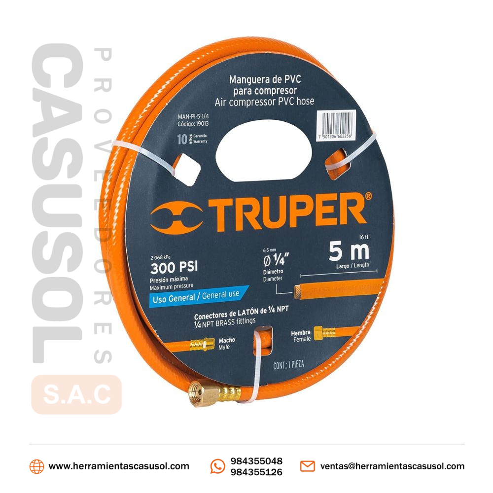 Manguera para Compresora PVC 1/4» X 5Mt Baja Presion Truper 19013